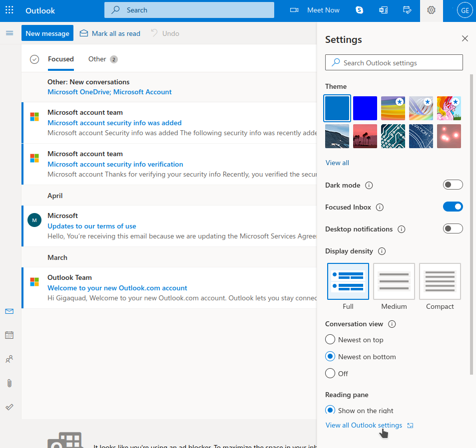 Outlook View all settings