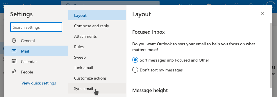 Outlook Sync email section