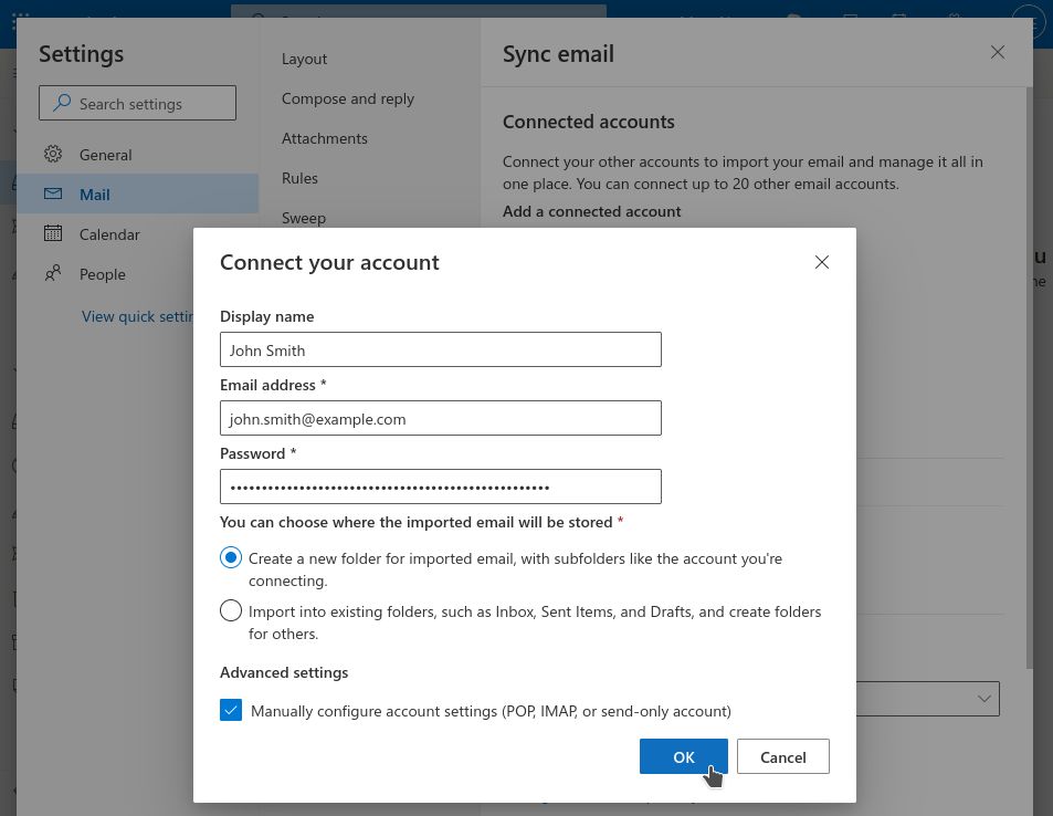 Outlook account details