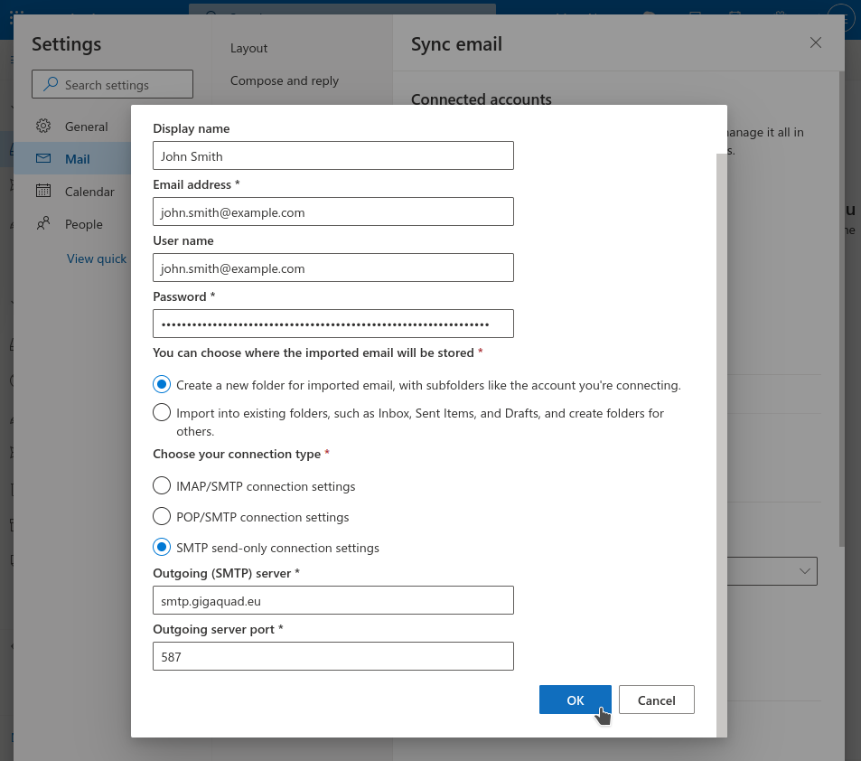 Outlook SMTP settings
